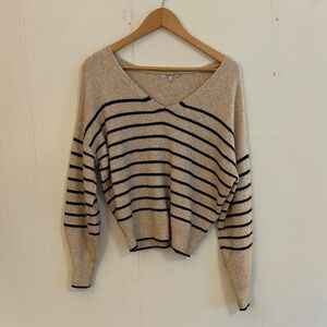 Madewell V-Neck Sweater - Cream with Dark Green Stripes